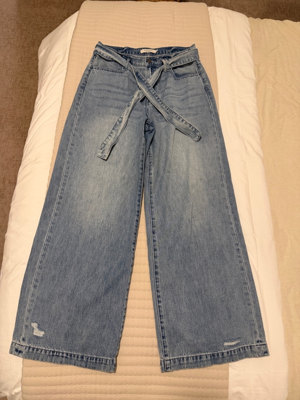 Light Blue Wide-Leg Jeans with Self-Tie Waist
